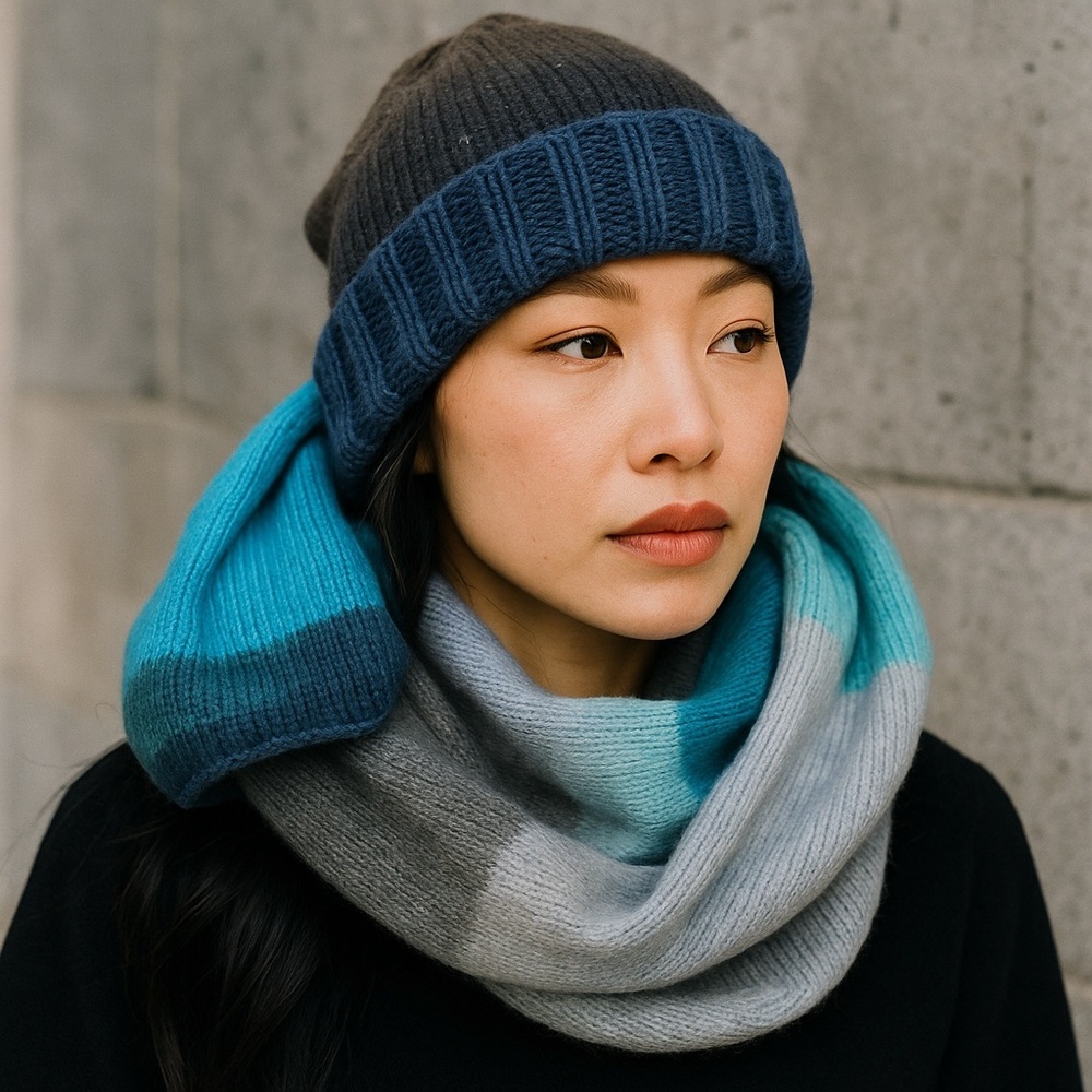 Scarf Hat Beanie Set Hand Crafted Knitted Blue Grey Colorblock